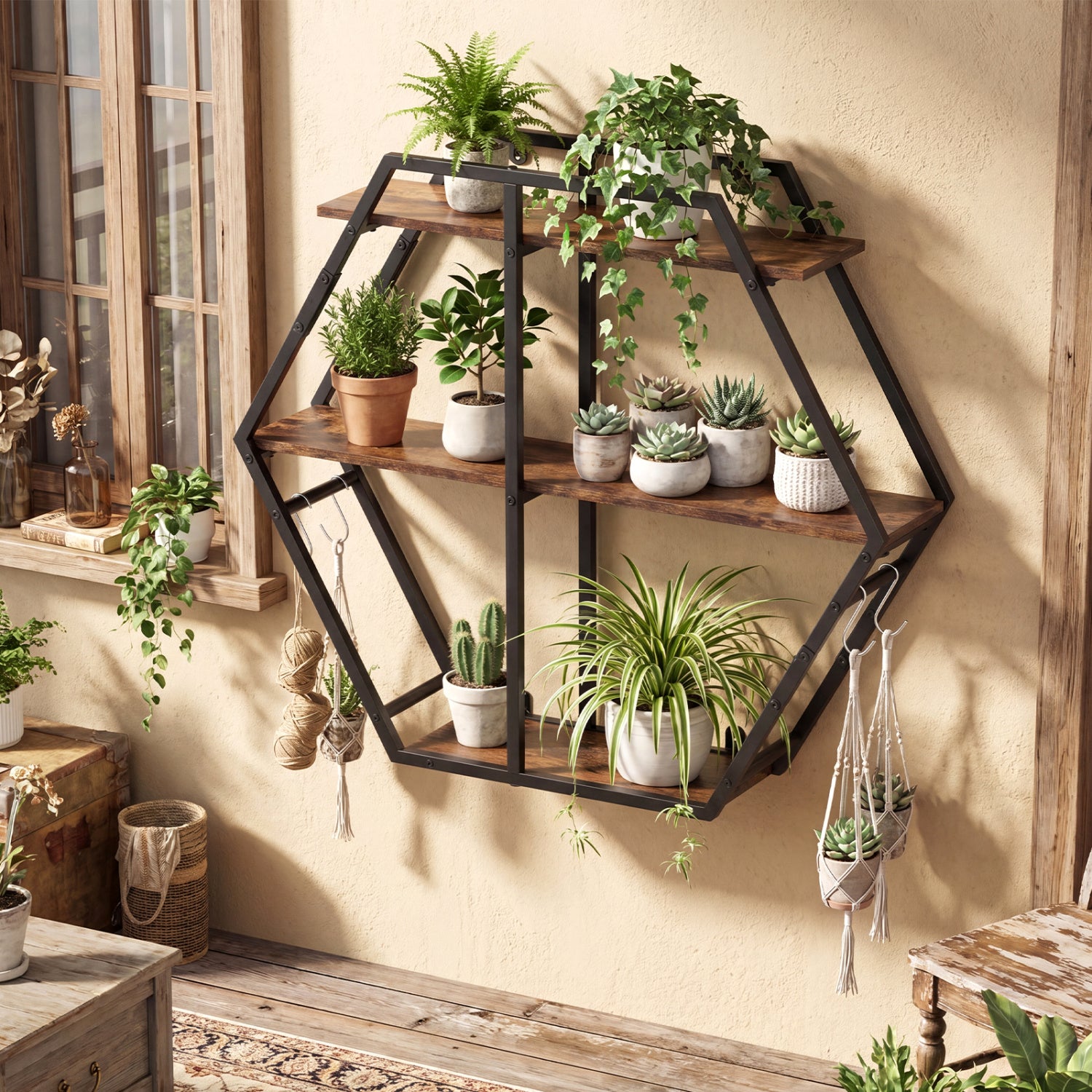 3-Tier Geometric Bookcase with S-Shaped Hooks for Living Room-Rustic Brown