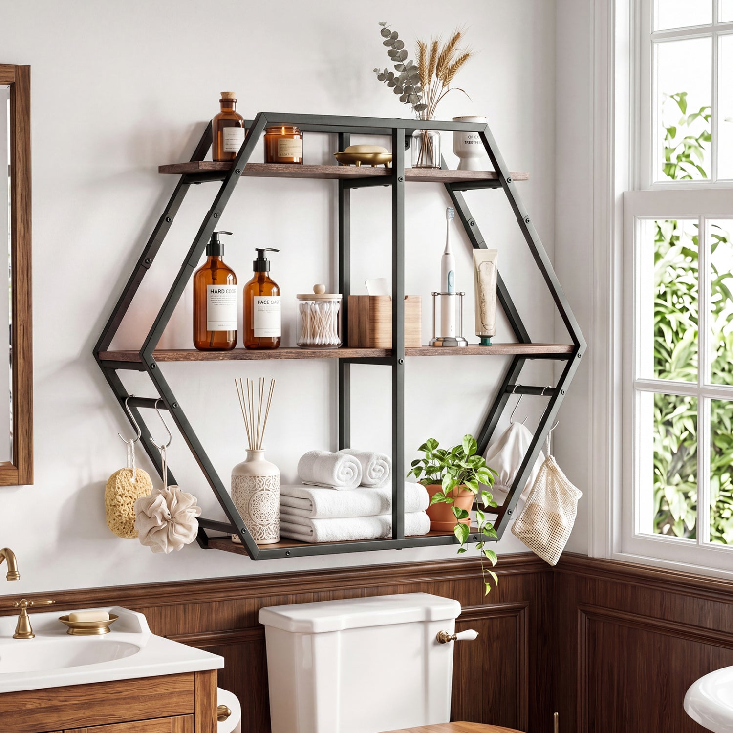 3-Tier Geometric Bookcase with S-Shaped Hooks for Living Room-Rustic Brown