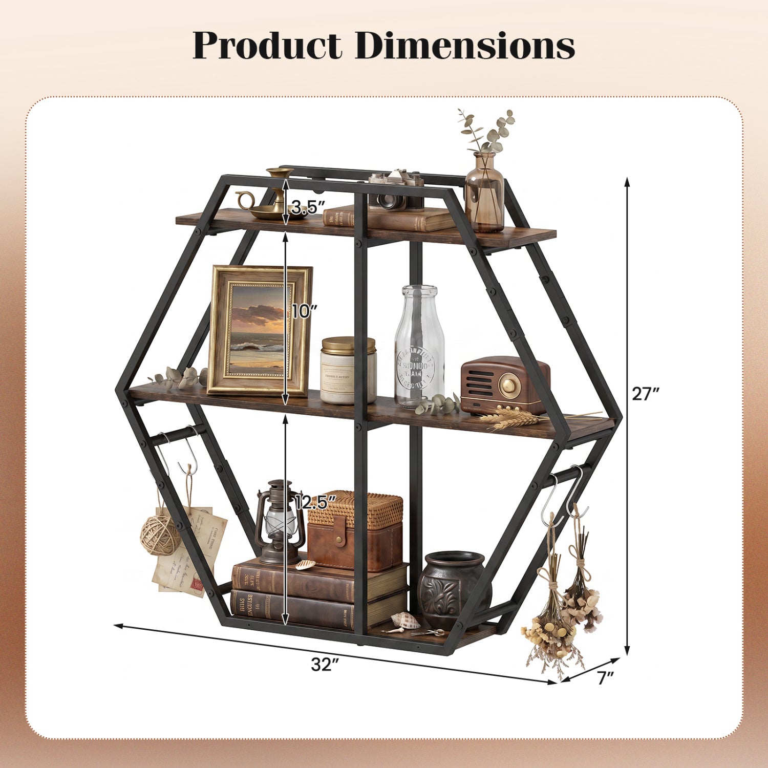 3-Tier Geometric Bookcase with S-Shaped Hooks for Living Room-Rustic Brown