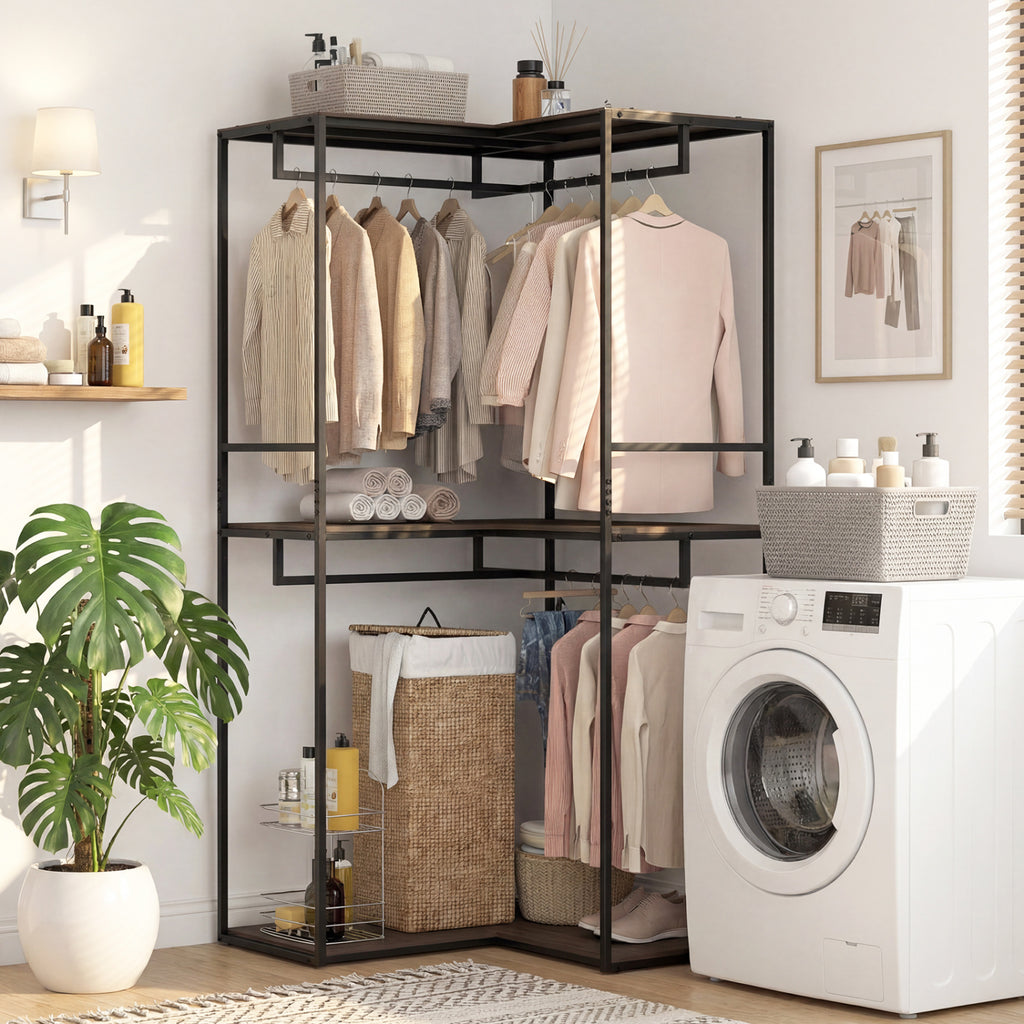 3-Tier Heavy Duty Clothes Rack with 3 Shelves & 2 Hanging Racks-Black & Brown