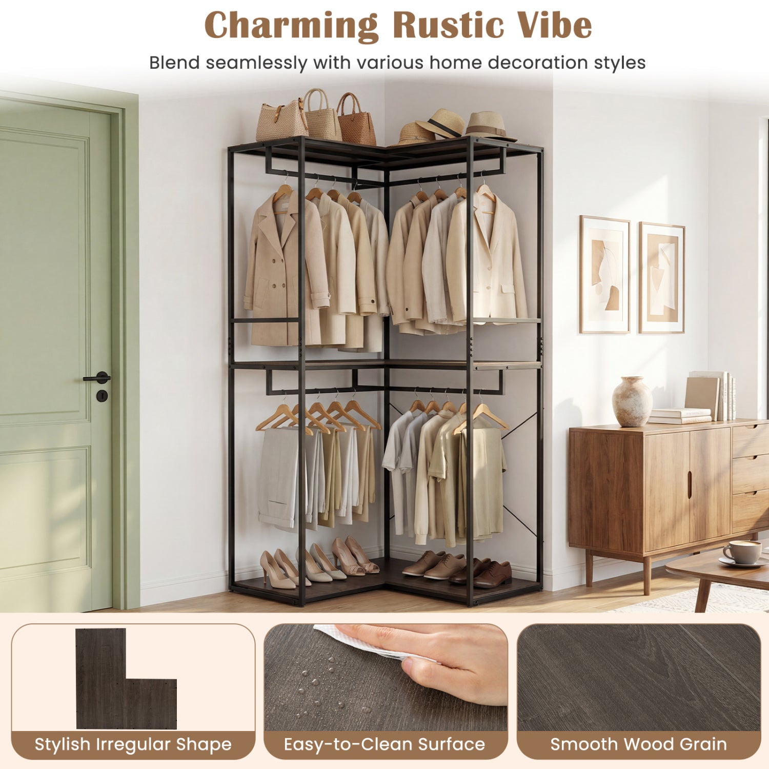 3-Tier Heavy Duty Clothes Rack with 3 Shelves & 2 Hanging Racks-Black & Brown