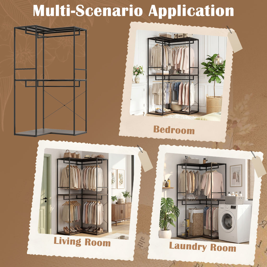 3-Tier Heavy Duty Clothes Rack with 3 Shelves & 2 Hanging Racks-Black & Brown
