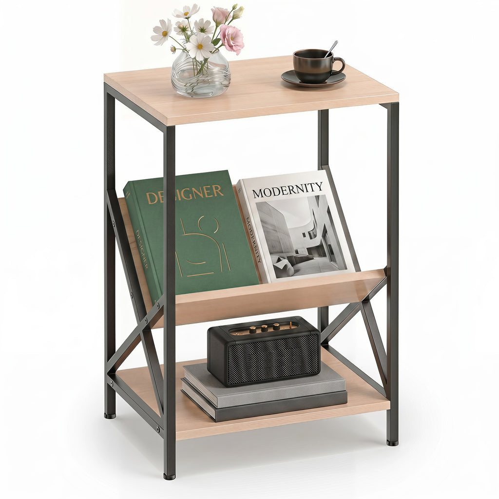 3-Tier Industrial Side Table with V-shaped Bookshelf for Living Room-Natural