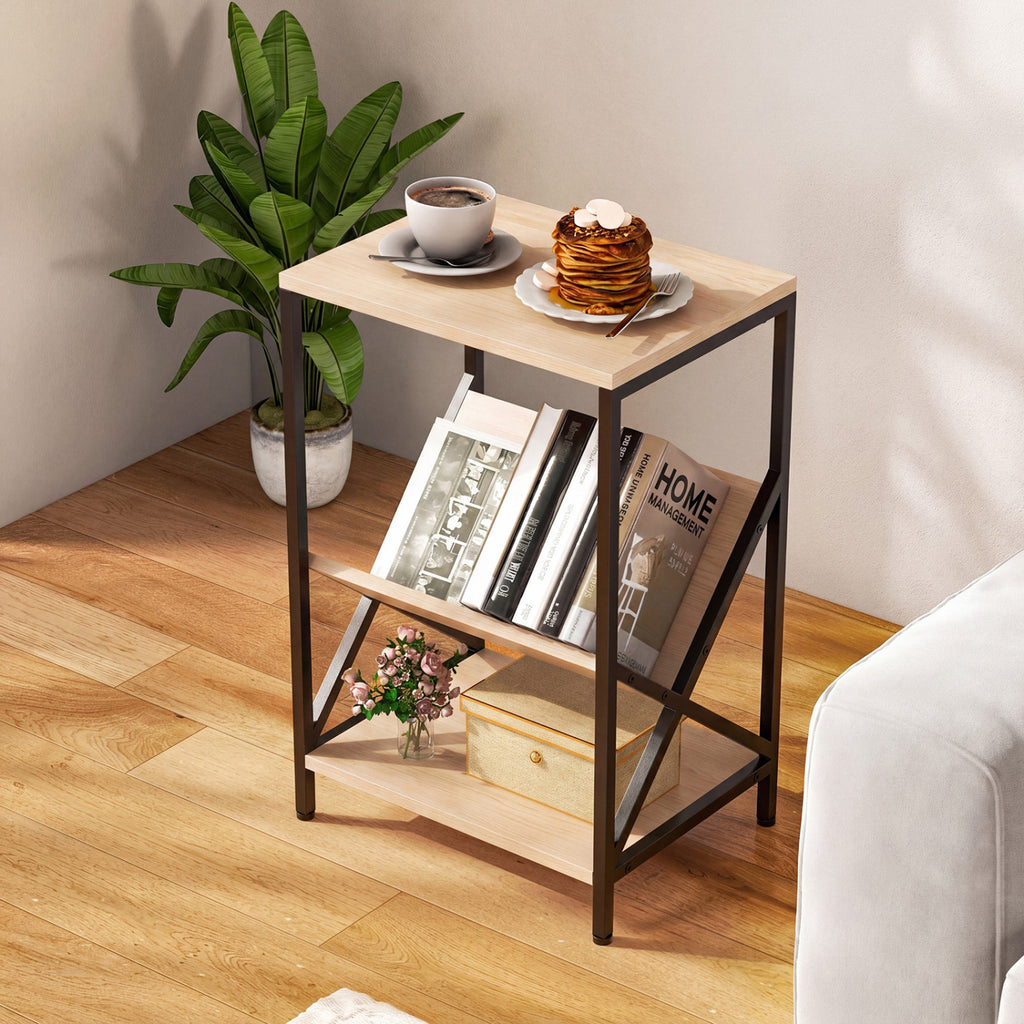 3-Tier Industrial Side Table with V-shaped Bookshelf for Living Room-Natural