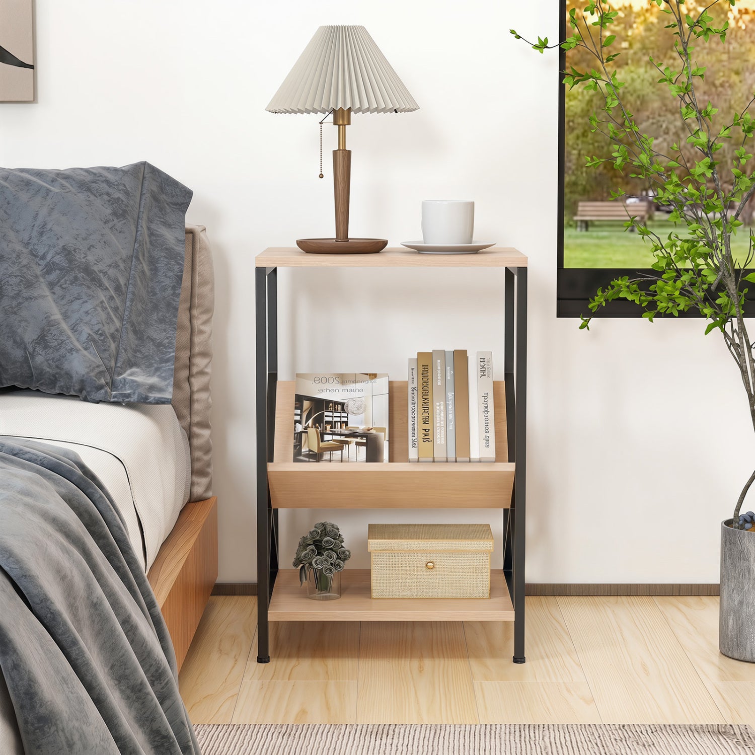 3-Tier Industrial Side Table with V-shaped Bookshelf for Living Room-Natural