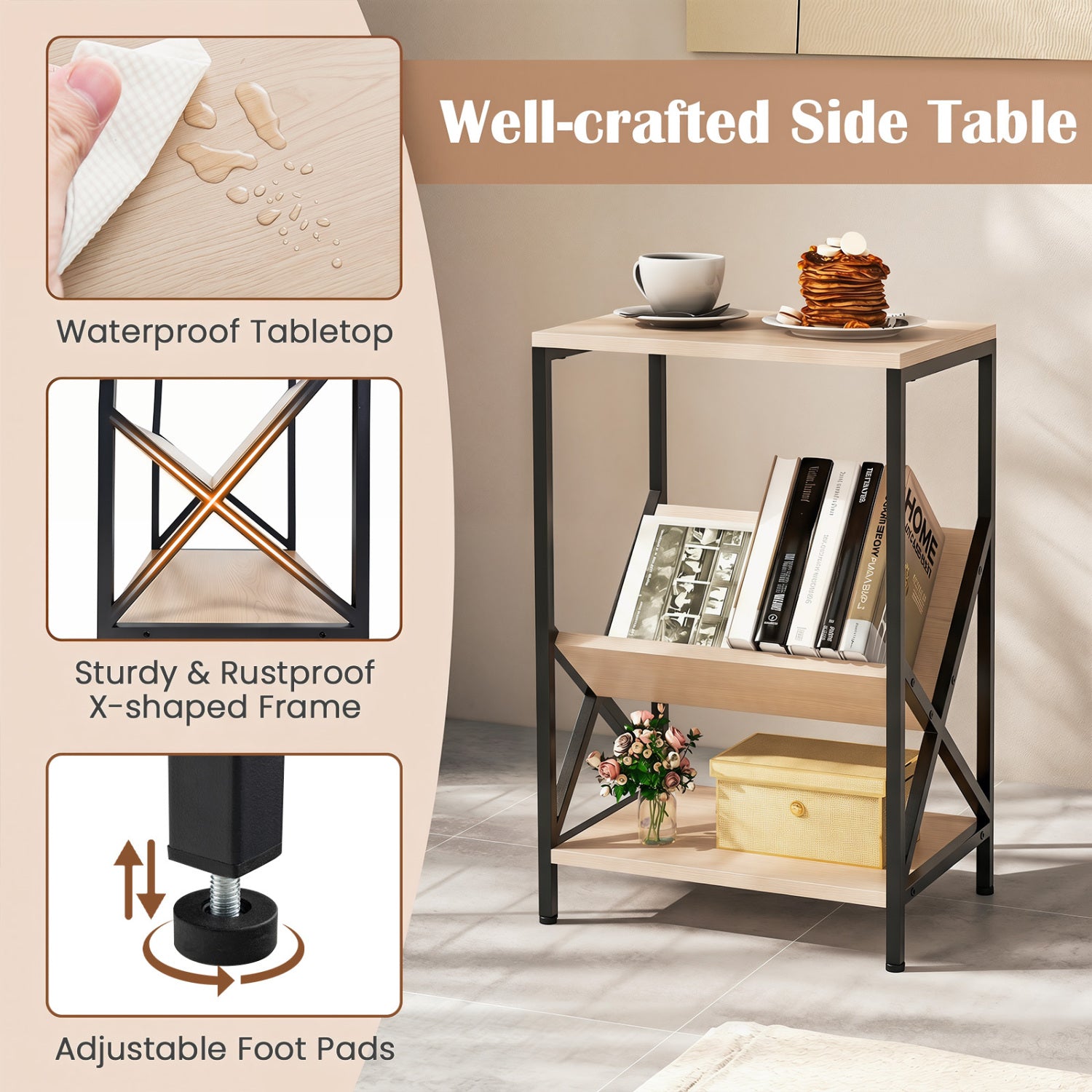 3-Tier Industrial Side Table with V-shaped Bookshelf for Living Room-Natural
