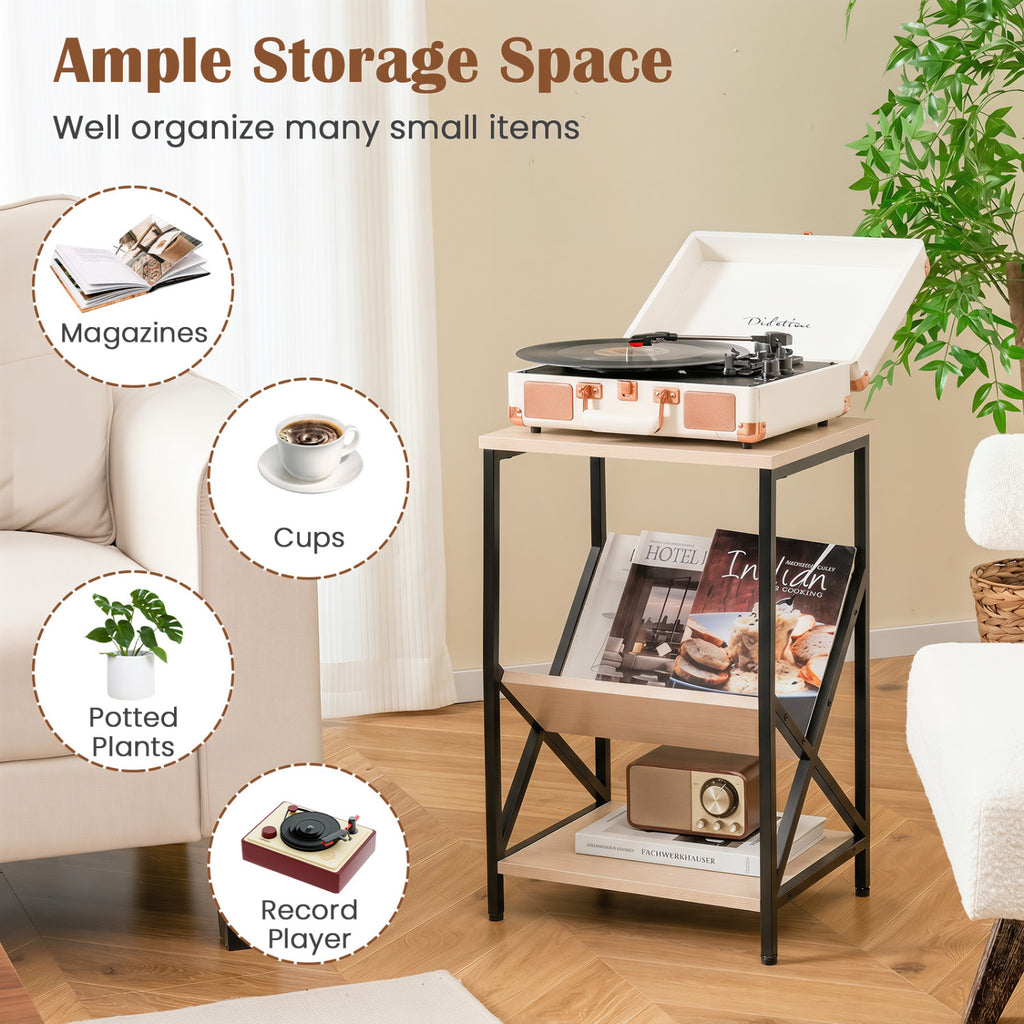 3-Tier Industrial Side Table with V-shaped Bookshelf for Living Room-Natural