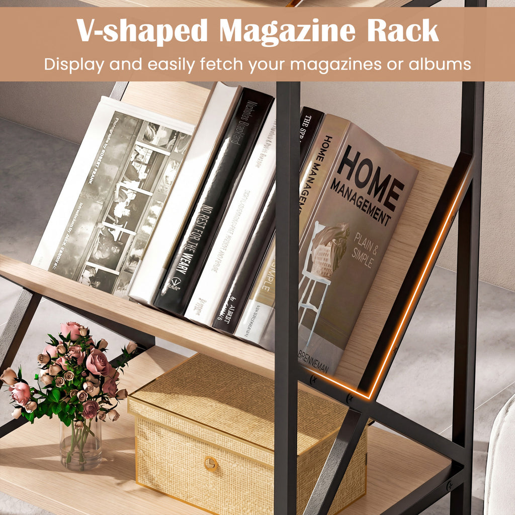 3-Tier Industrial Side Table with V-shaped Bookshelf for Living Room-Natural