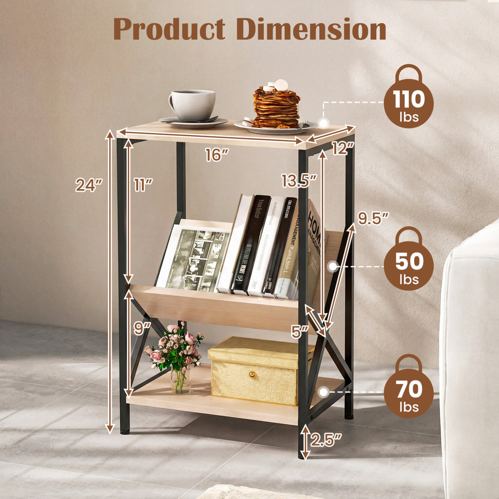 3-Tier Industrial Side Table with V-shaped Bookshelf for Living Room-Natural