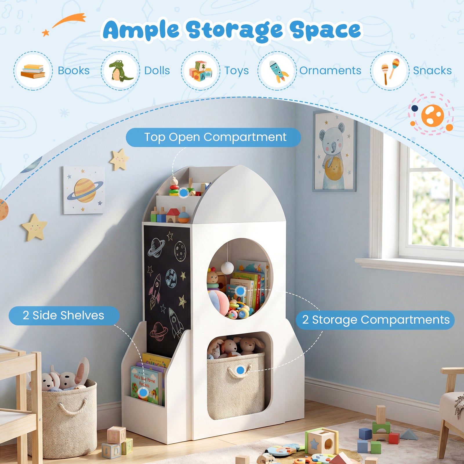 3-Tier Kids Bookshelf Rocket Space Theme Toddler Toy Storage Organizer-White