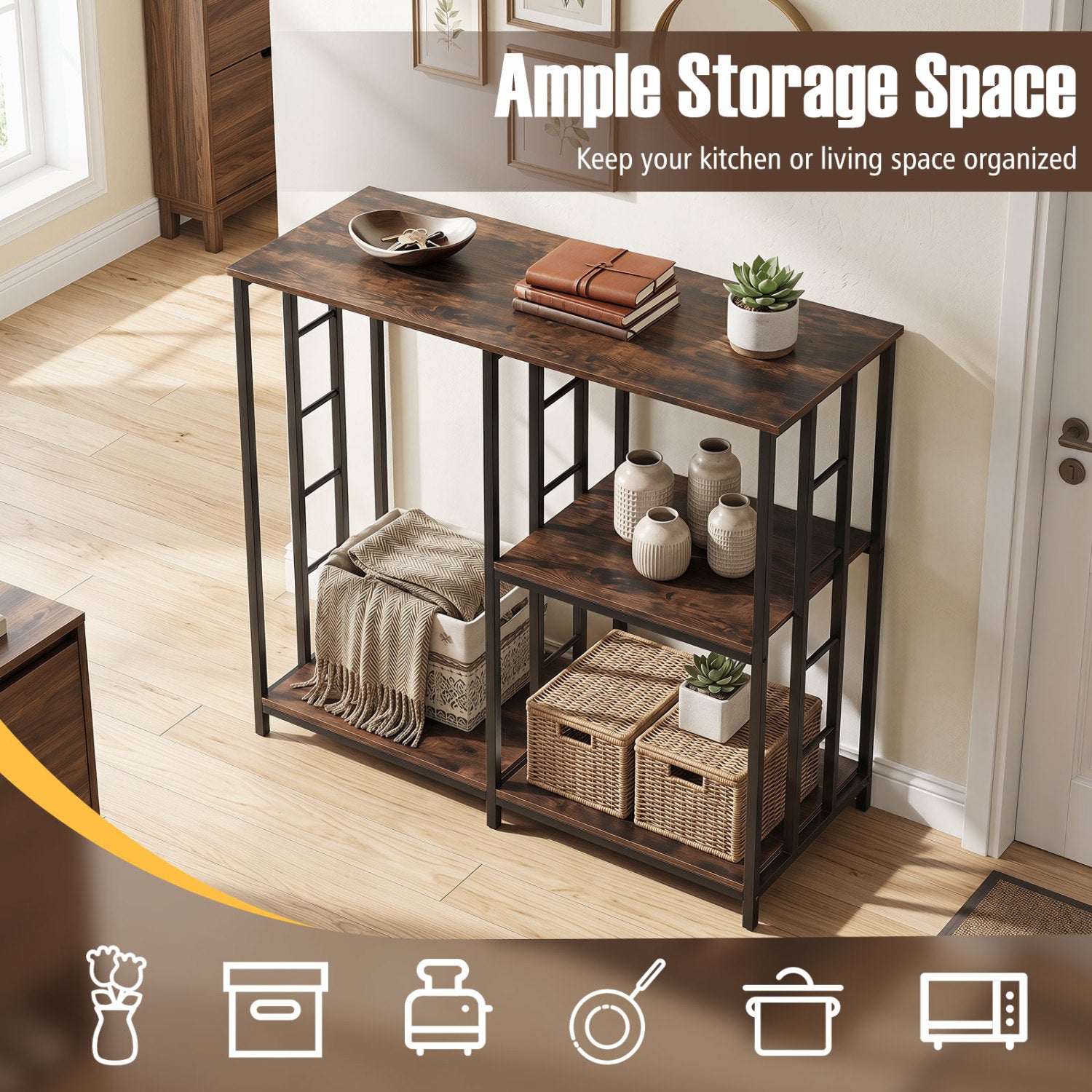3-Tier Kitchen Baker's Rack with Open Shelves for Microwave and Oven-Rustic Brown