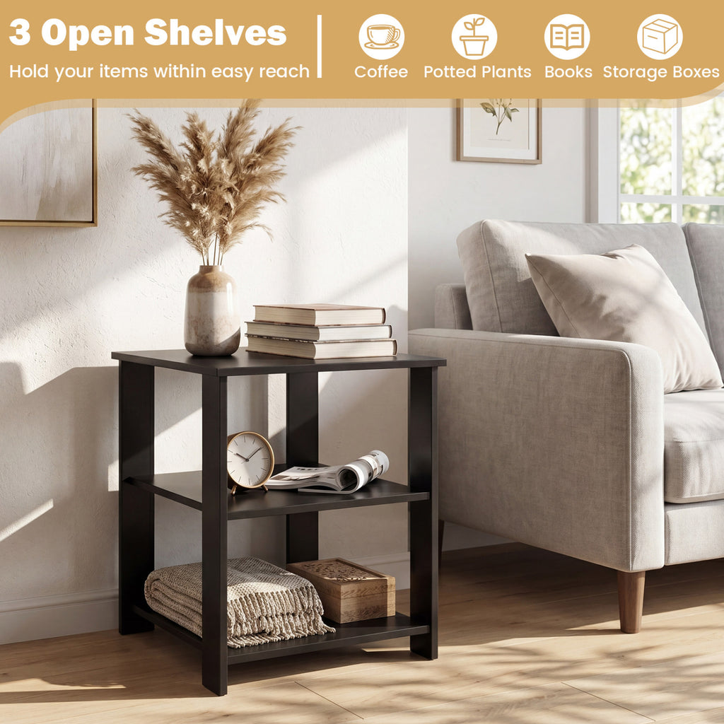 3-Tier Modern Nightstand Square Side Table with Open Storage Shelves-Black