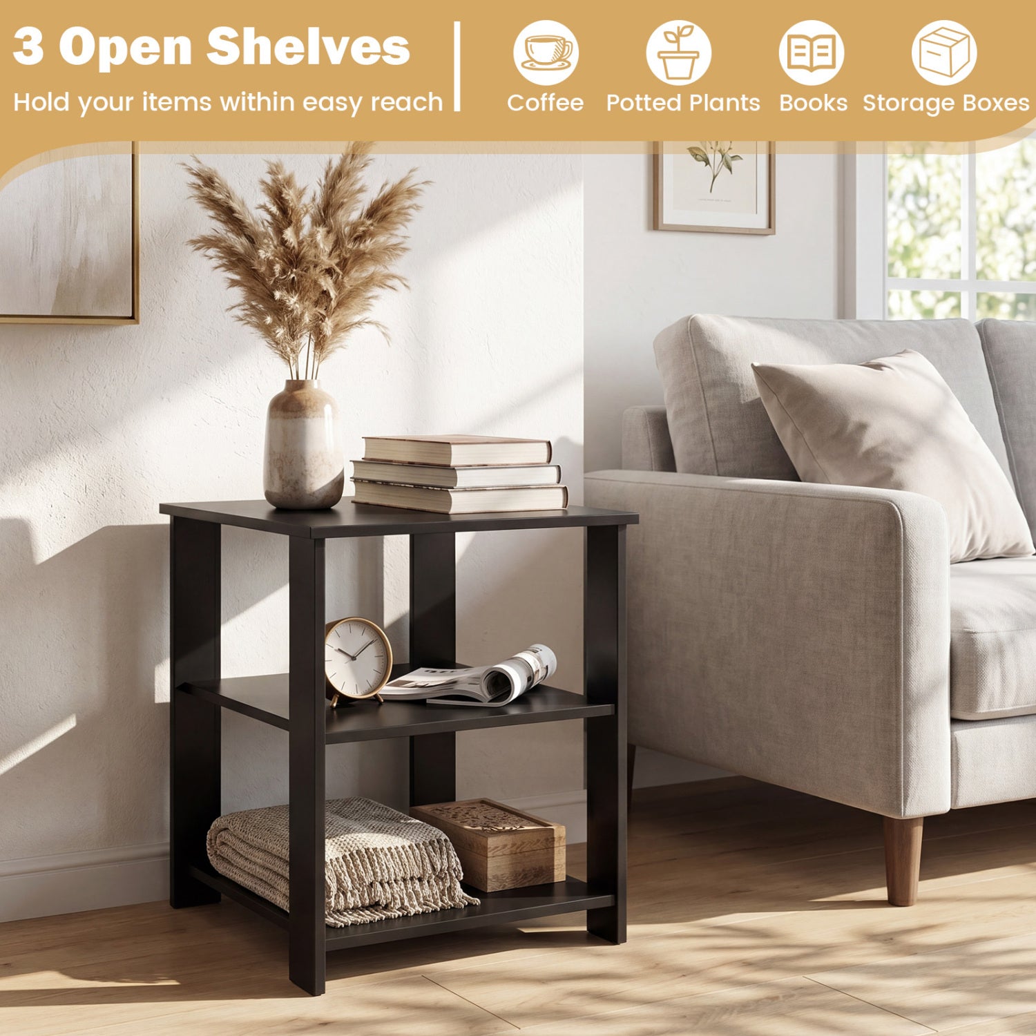 3-Tier Modern Nightstand Square Side Table with Open Storage Shelves-Black
