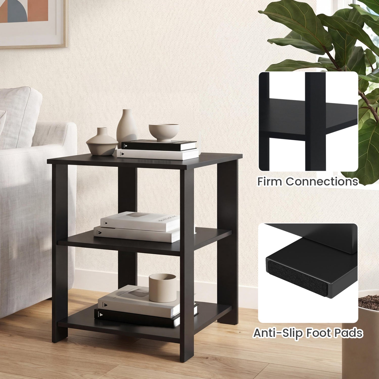 3-Tier Modern Nightstand Square Side Table with Open Storage Shelves-Black