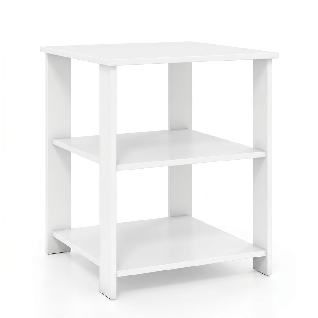 3-Tier Modern Nightstand Square Side Table with Open Storage Shelves-White