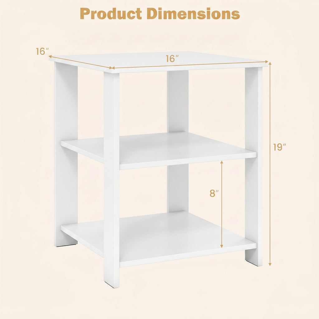 3-Tier Modern Nightstand Square Side Table with Open Storage Shelves-White
