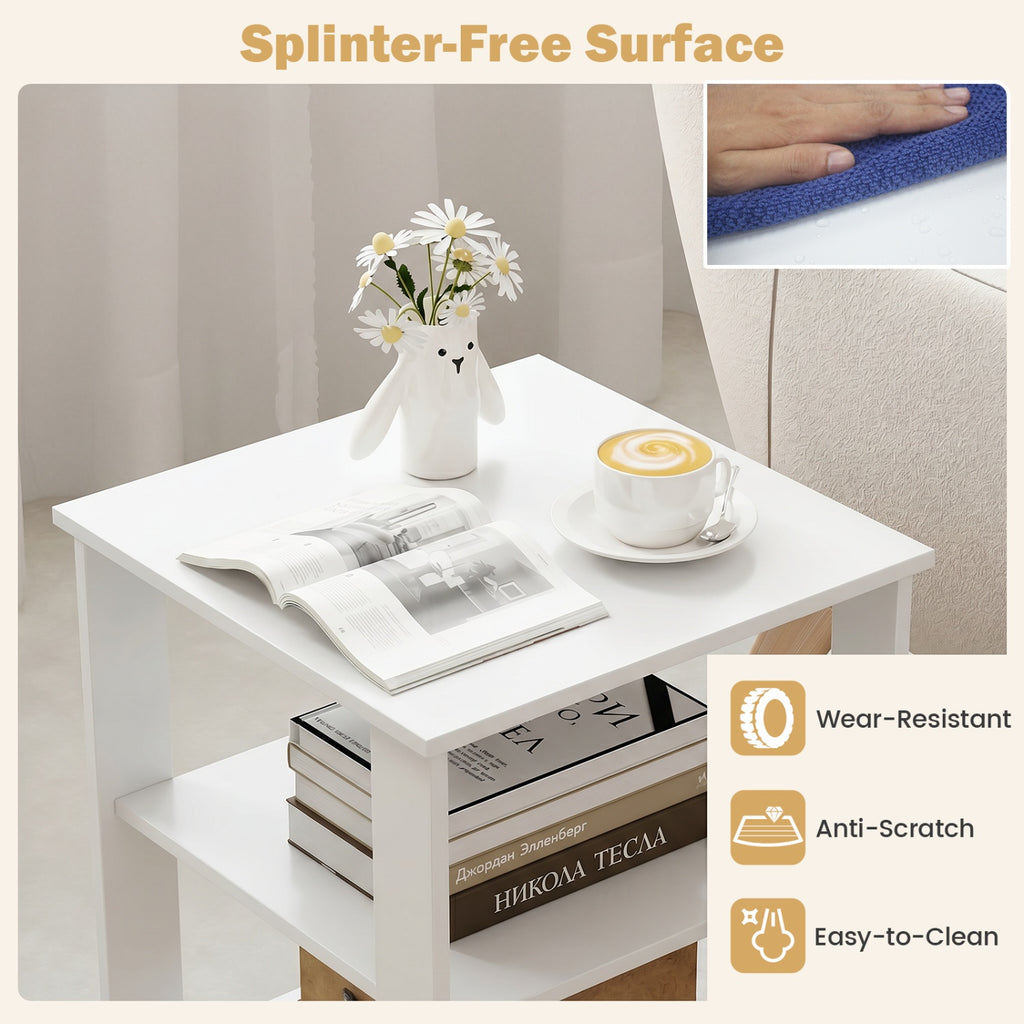 3-Tier Modern Nightstand Square Side Table with Open Storage Shelves-White