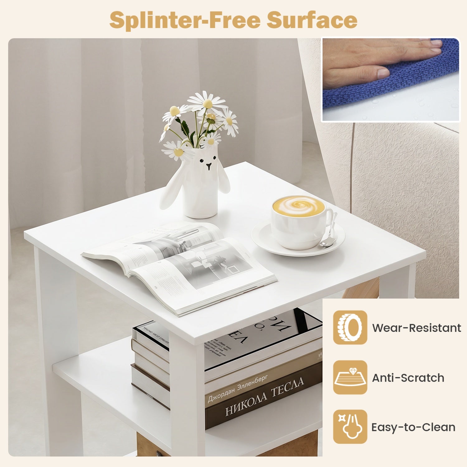 3-Tier Modern Nightstand Square Side Table with Open Storage Shelves-White