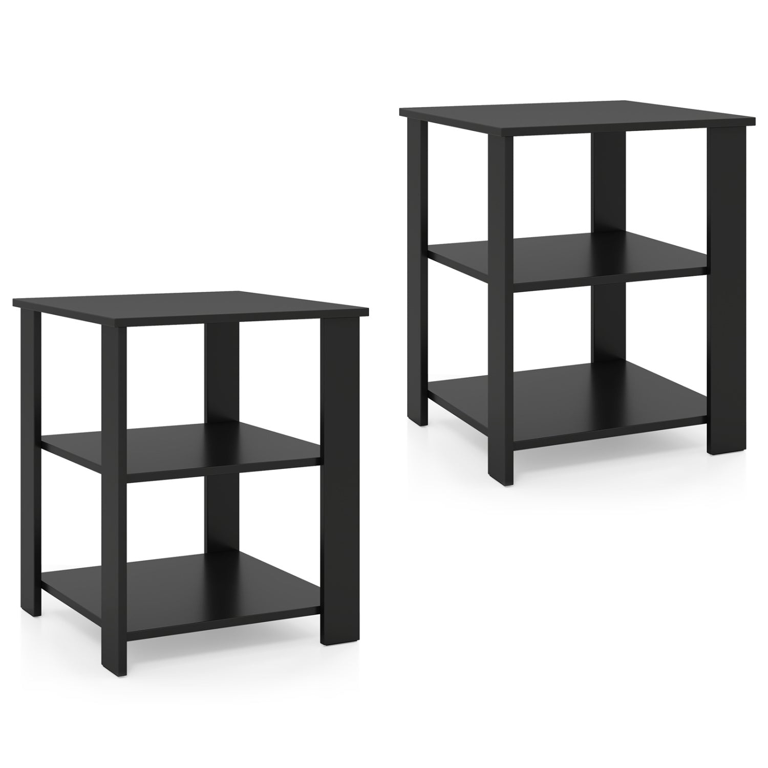 3-Tier Modern Nightstand Square Side Table with Open Storage Shelves Set of 2-Black