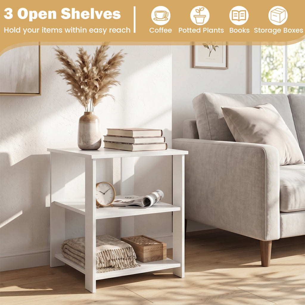 3-Tier Modern Nightstand Square Side Table with Open Storage Shelves Set of 2-White