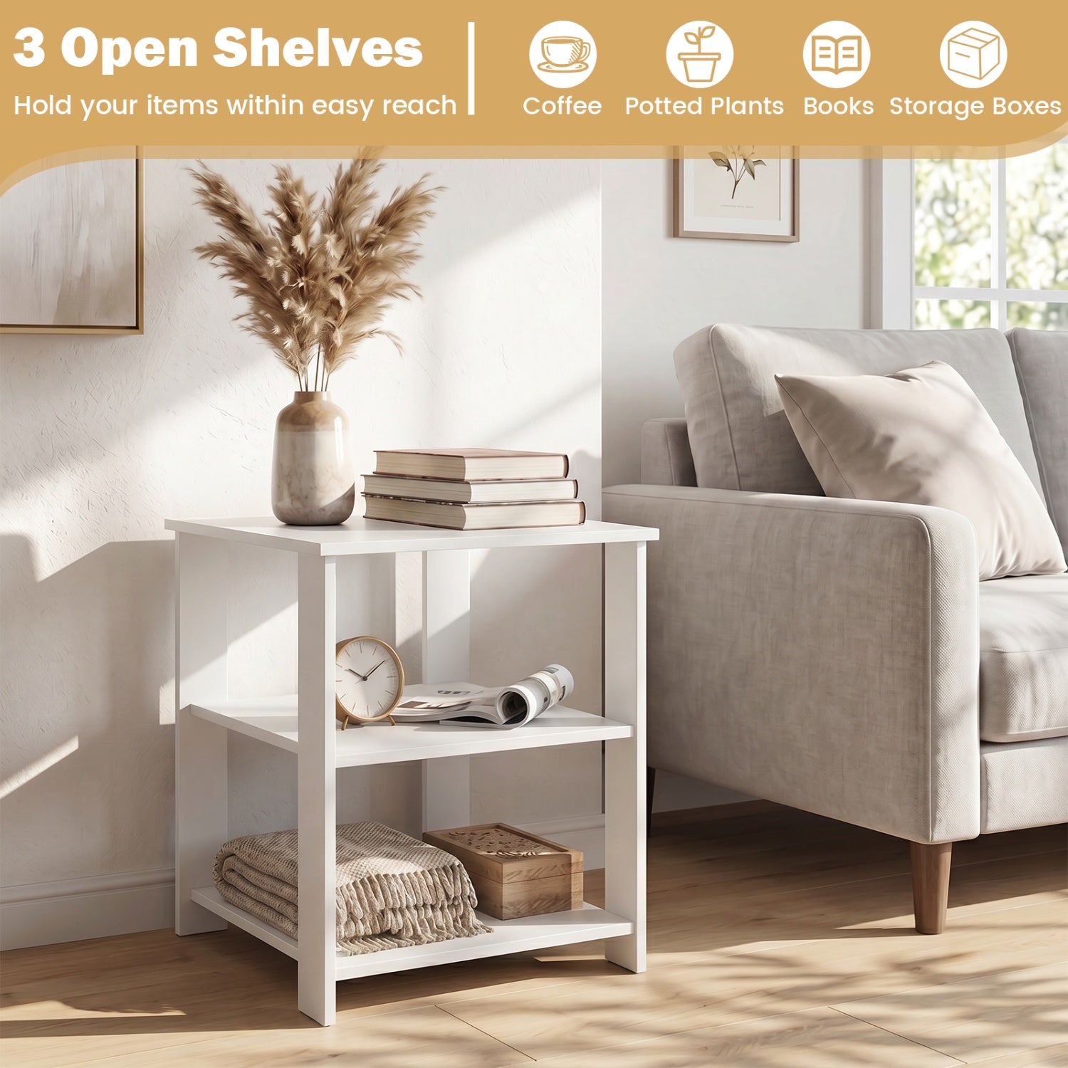 3-Tier Modern Nightstand Square Side Table with Open Storage Shelves Set of 2-White