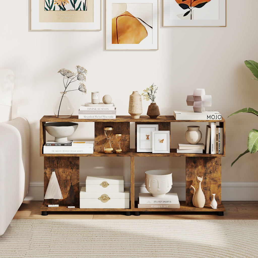 3-Tier Modern S-shaped Bookshelf with Adjustable Feet-Rustic Brown