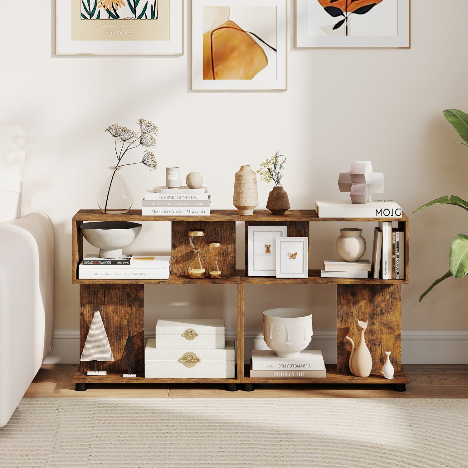 3-Tier Modern S-shaped Bookshelf with Adjustable Feet-Rustic Brown