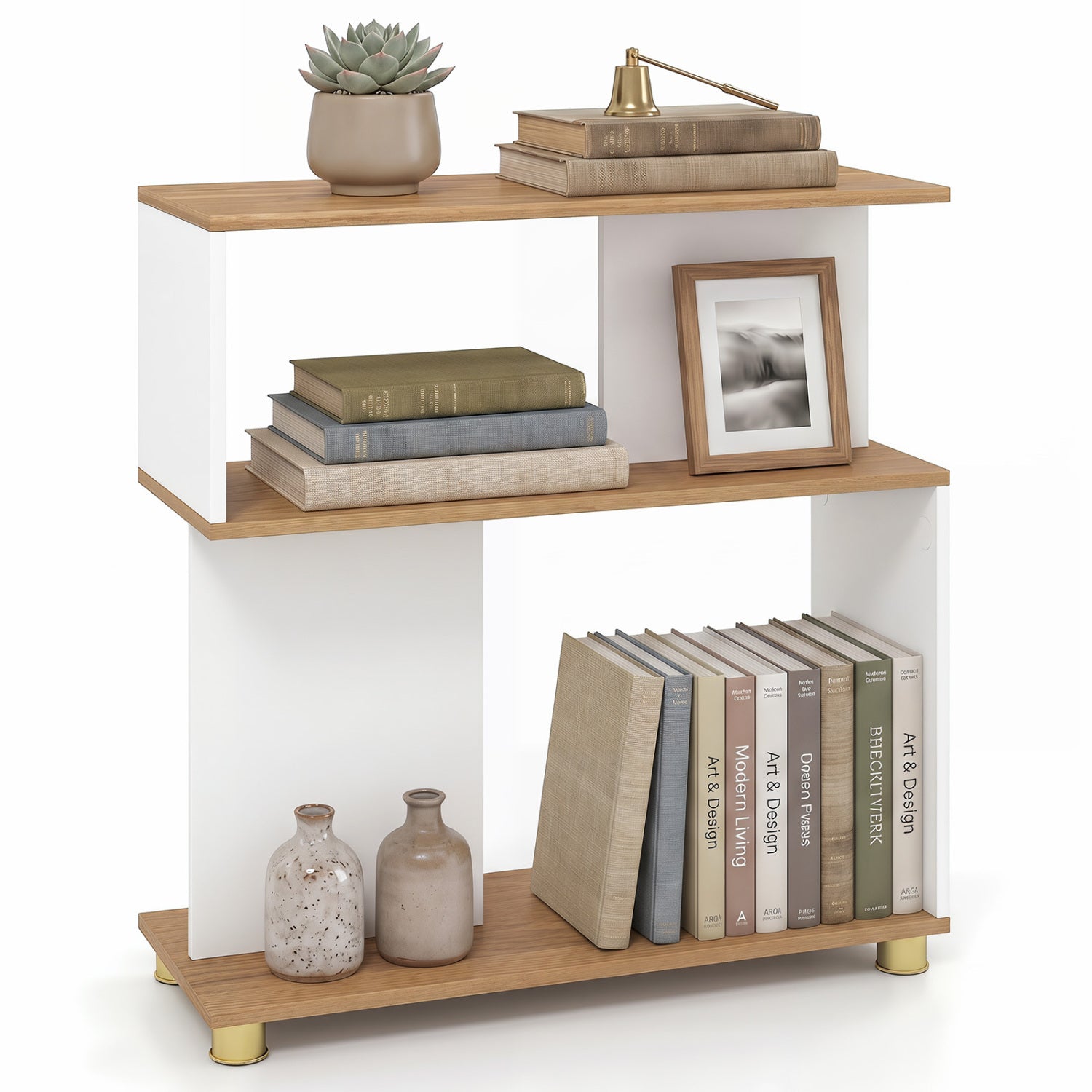 3-Tier Modern S-shaped Bookshelf with Adjustable Feet-White