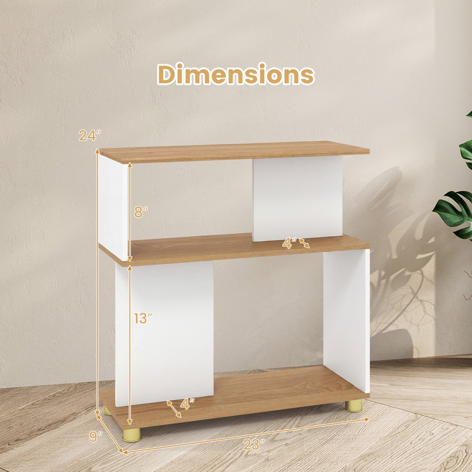 3-Tier Modern S-shaped Bookshelf with Adjustable Feet-White