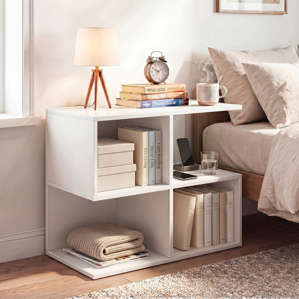 3-Tier Modern S-shaped  End Table  with 4 Storage Cubes-White