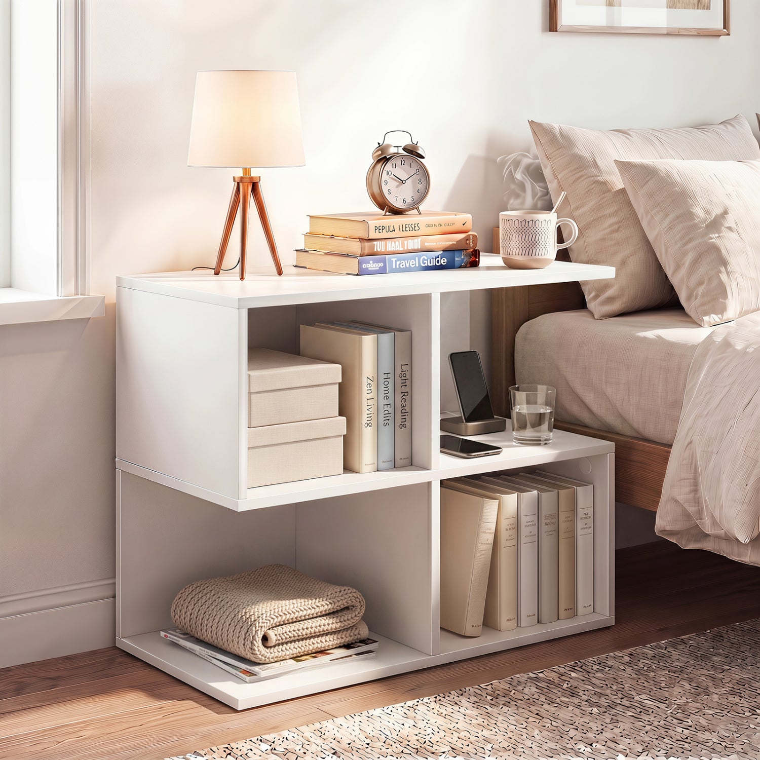 3-Tier Modern S-shaped  End Table  with 4 Storage Cubes-White