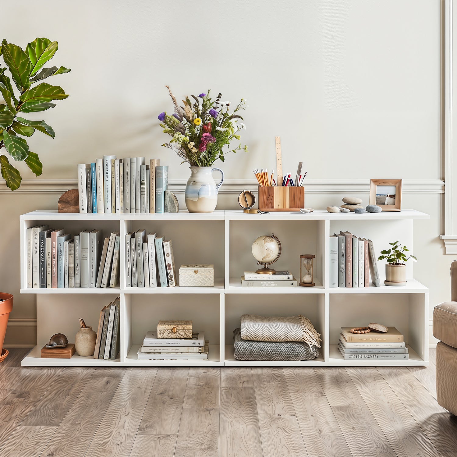 3-Tier Modern S-shaped  End Table  with 4 Storage Cubes-White