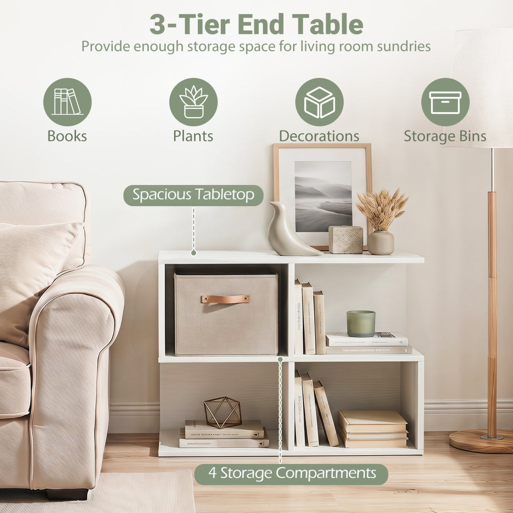 3-Tier Modern S-shaped  End Table  with 4 Storage Cubes-White