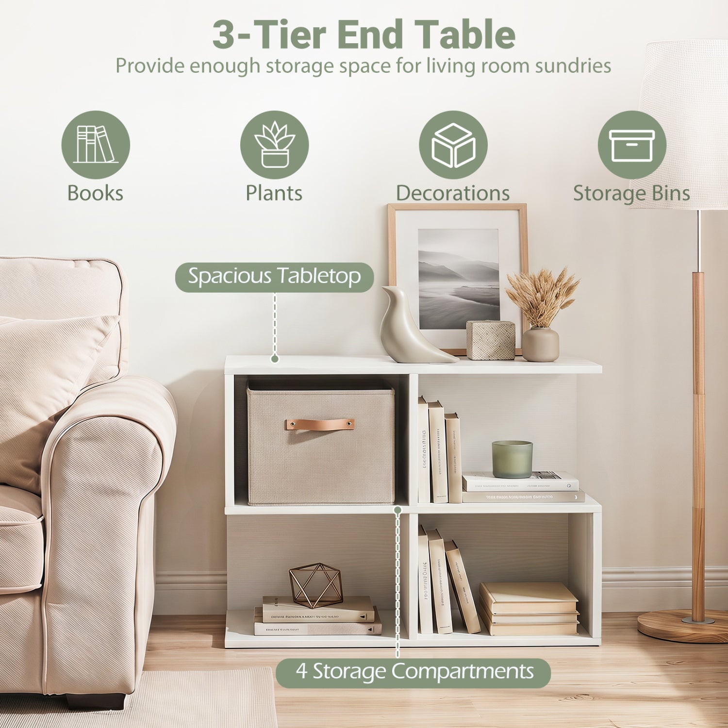3-Tier Modern S-shaped  End Table  with 4 Storage Cubes-White