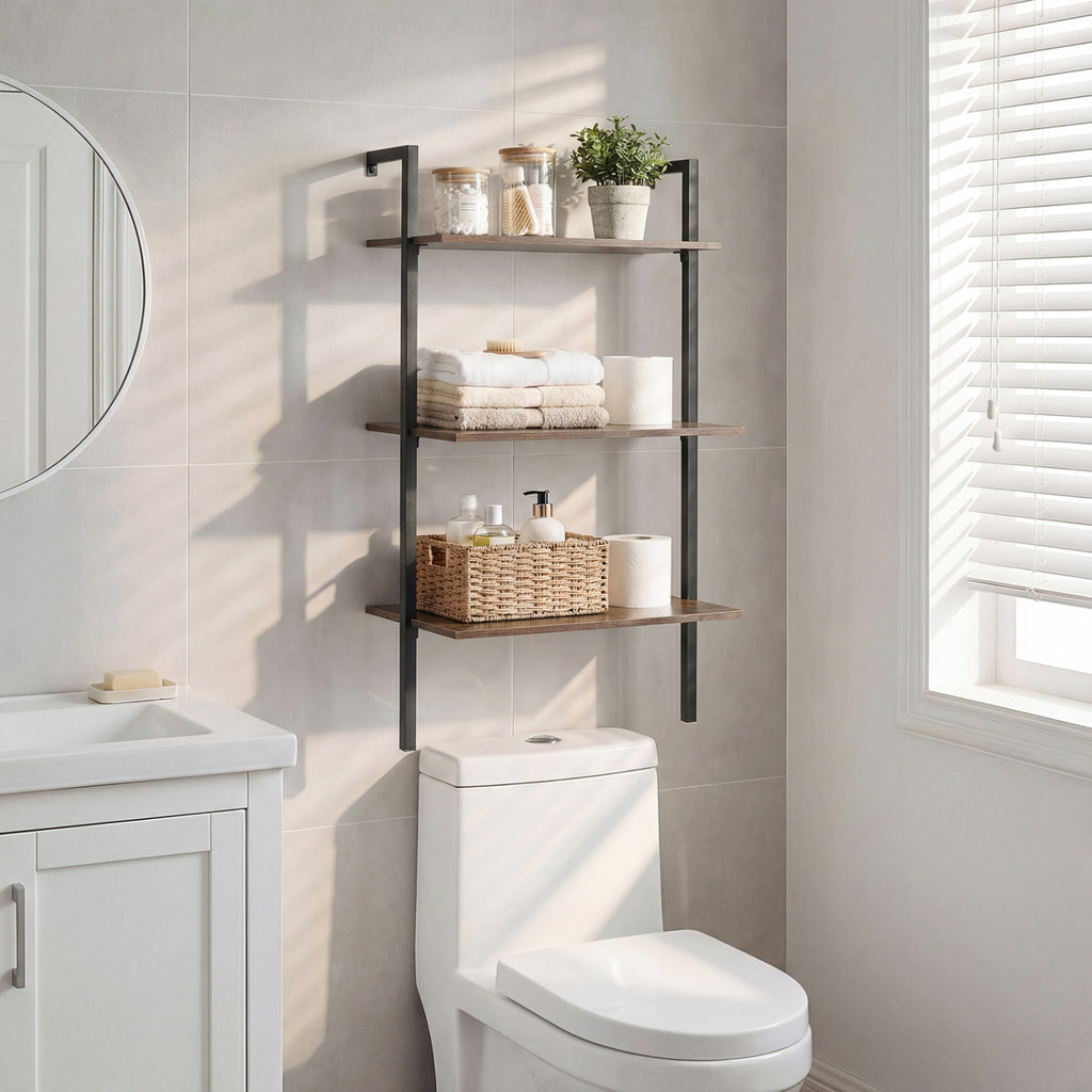 3-Tier Modern Wall Mounted Shelves Wooden Floating Shelving Unit Metal Ladder Bookshelf-Rustic Brown