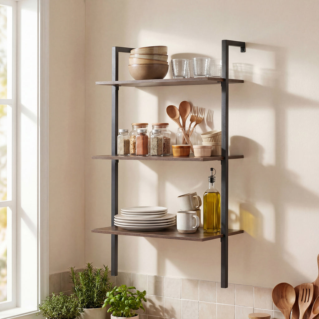 3-Tier Modern Wall Mounted Shelves Wooden Floating Shelving Unit Metal Ladder Bookshelf-Rustic Brown