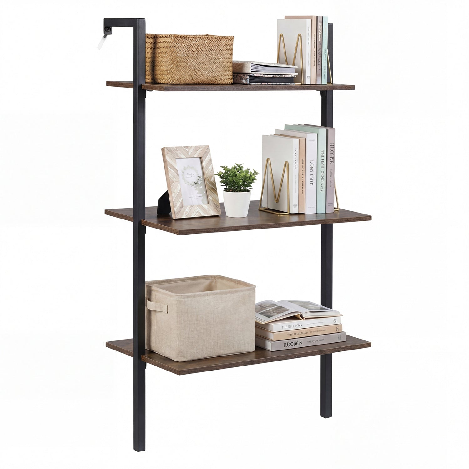 3-Tier Modern Wall Mounted Shelves Wooden Floating Shelving Unit Metal Ladder Bookshelf-Rustic Brown