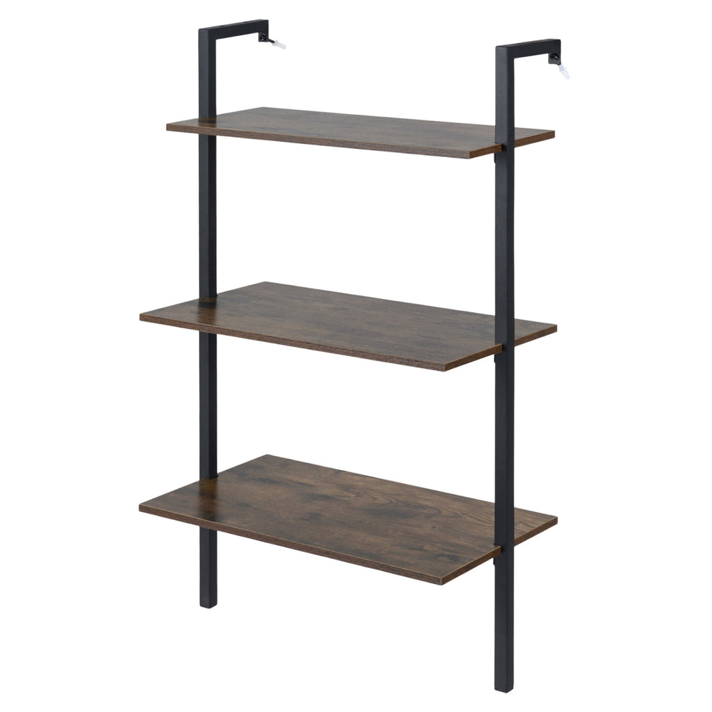3-Tier Modern Wall Mounted Shelves Wooden Floating Shelving Unit Metal Ladder Bookshelf-Rustic Brown