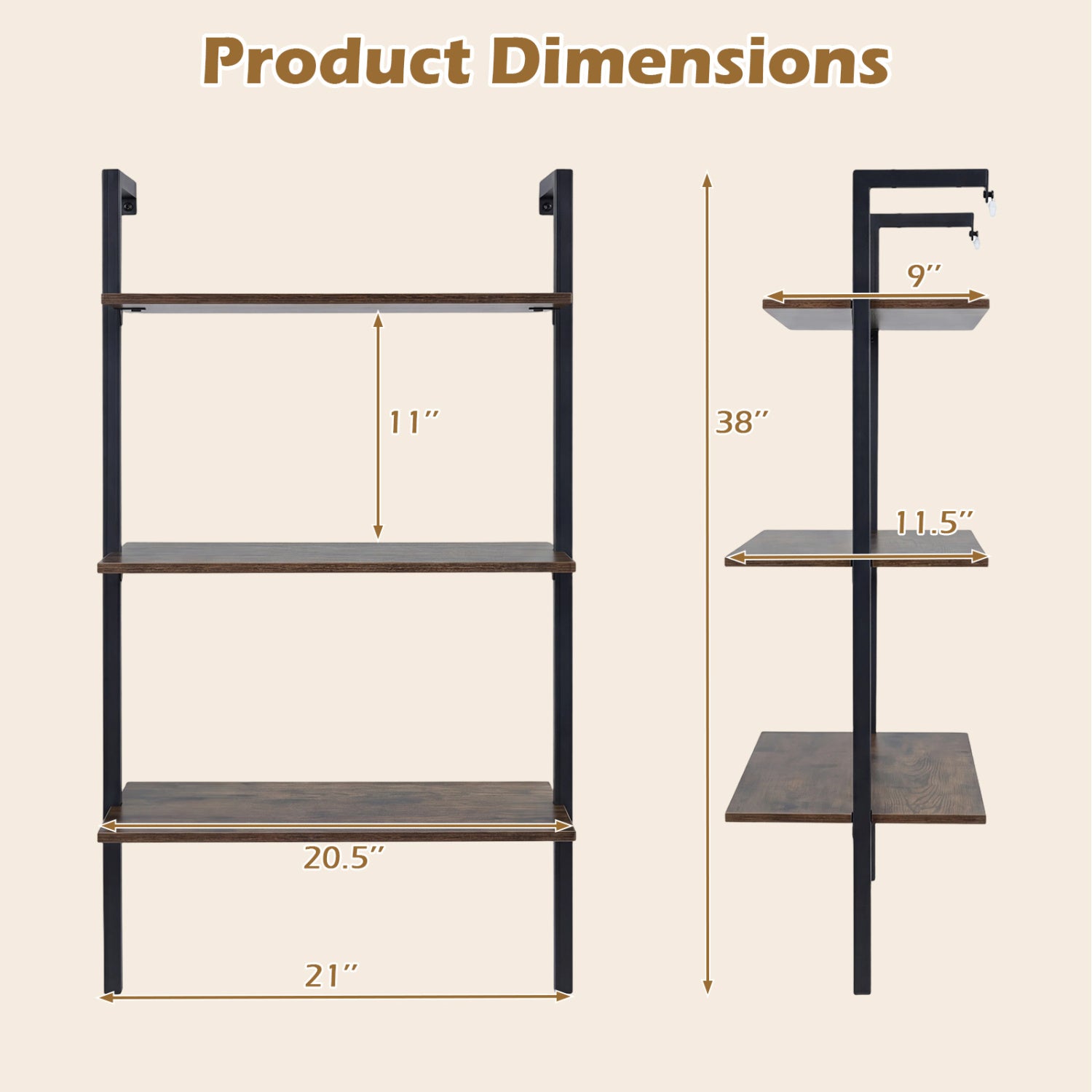 3-Tier Modern Wall Mounted Shelves Wooden Floating Shelving Unit Metal Ladder Bookshelf-Rustic Brown