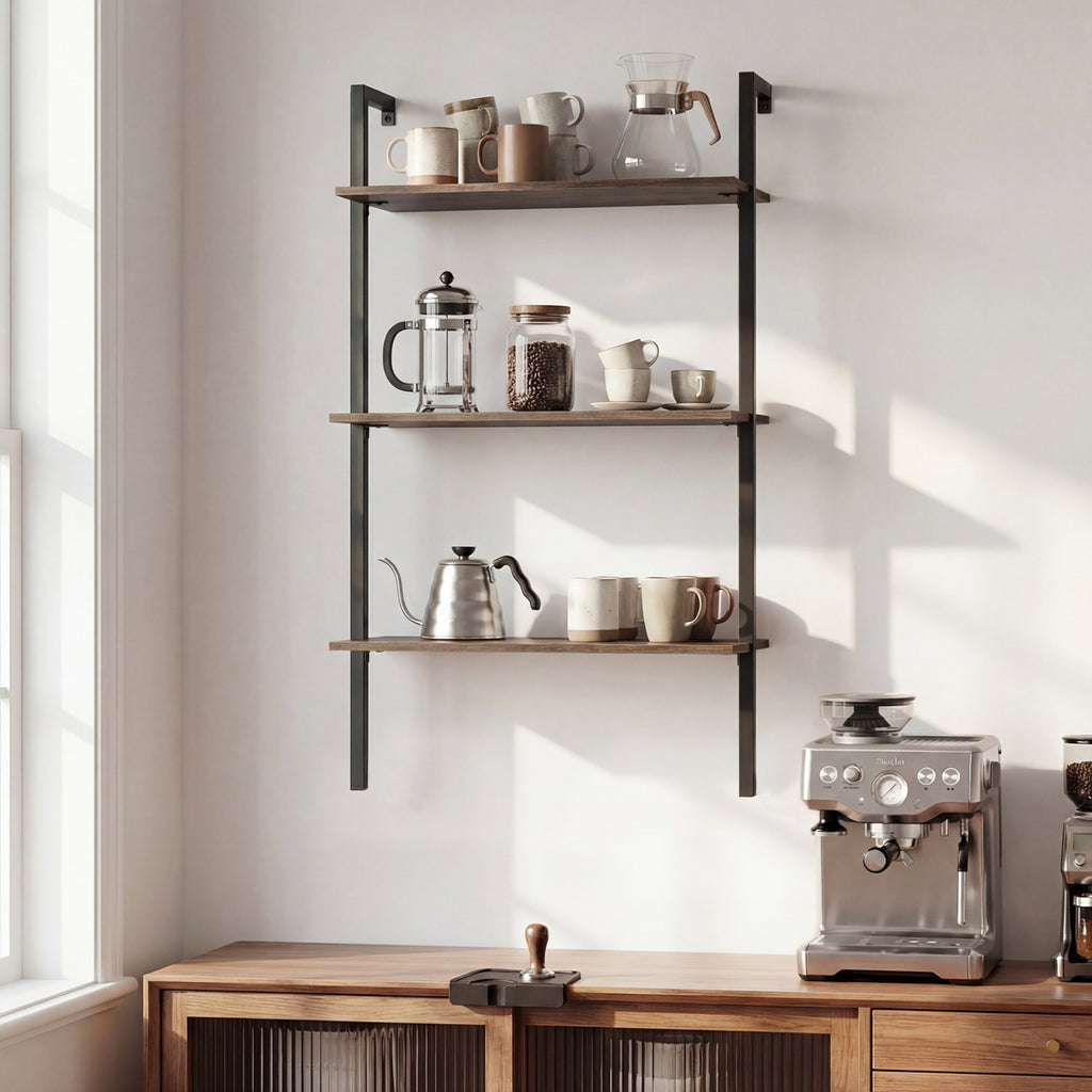 3-Tier Modern Wall Mounted Shelves Wooden Floating Shelving Unit Metal Ladder Bookshelf-Rustic Brown