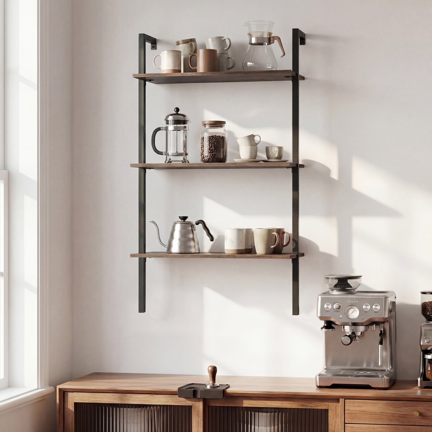 3-Tier Modern Wall Mounted Shelves Wooden Floating Shelving Unit Metal Ladder Bookshelf-Rustic Brown