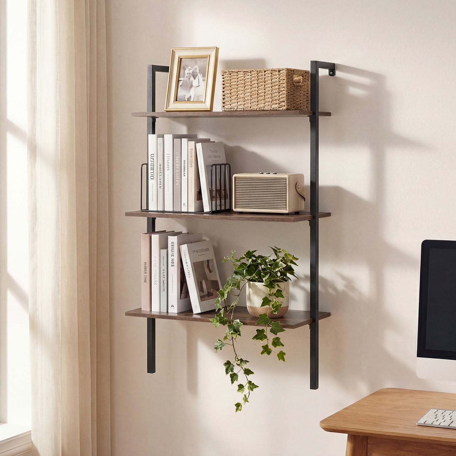 3-Tier Modern Wall Mounted Shelves Wooden Floating Shelving Unit Metal Ladder Bookshelf-Rustic Brown