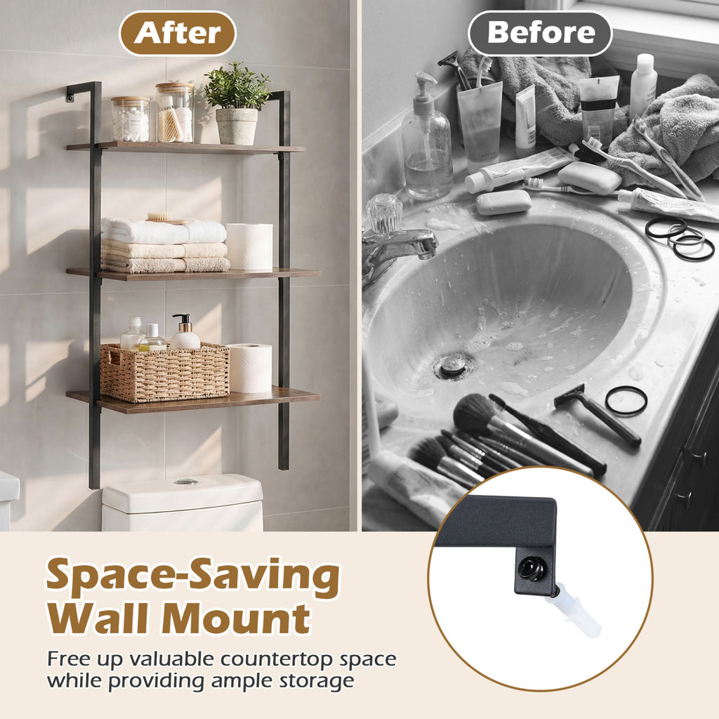 3-Tier Modern Wall Mounted Shelves Wooden Floating Shelving Unit Metal Ladder Bookshelf-Rustic Brown