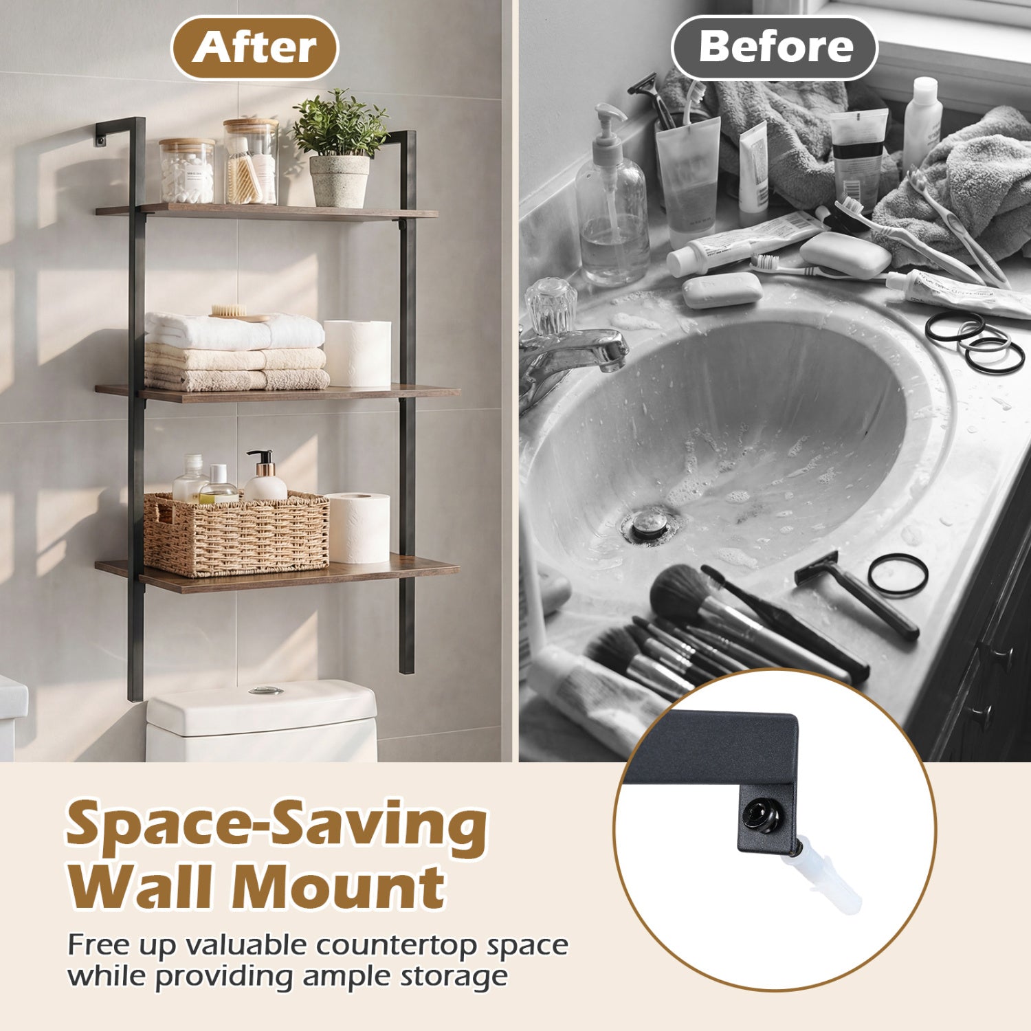 3-Tier Modern Wall Mounted Shelves Wooden Floating Shelving Unit Metal Ladder Bookshelf-Rustic Brown