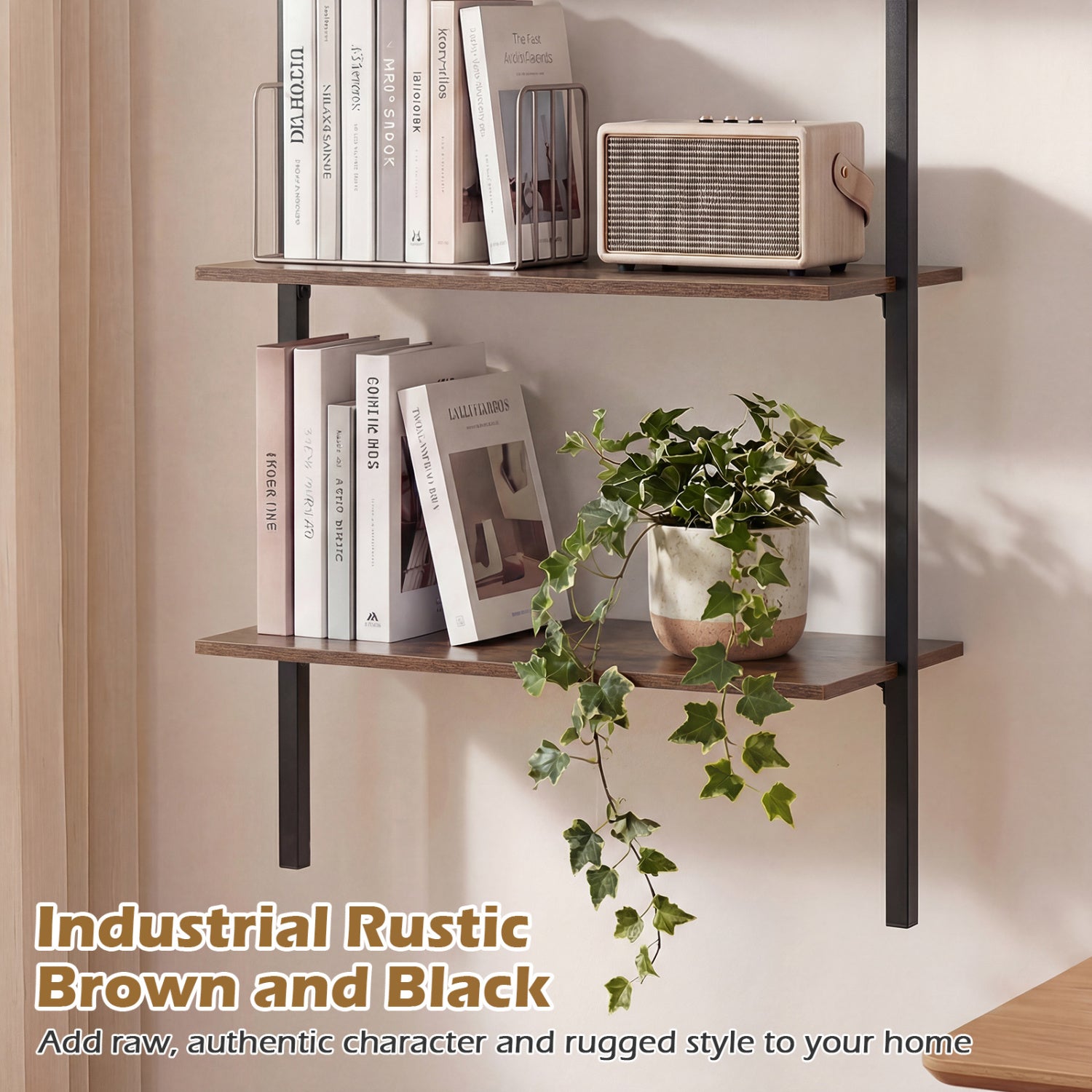 3-Tier Modern Wall Mounted Shelves Wooden Floating Shelving Unit Metal Ladder Bookshelf-Rustic Brown