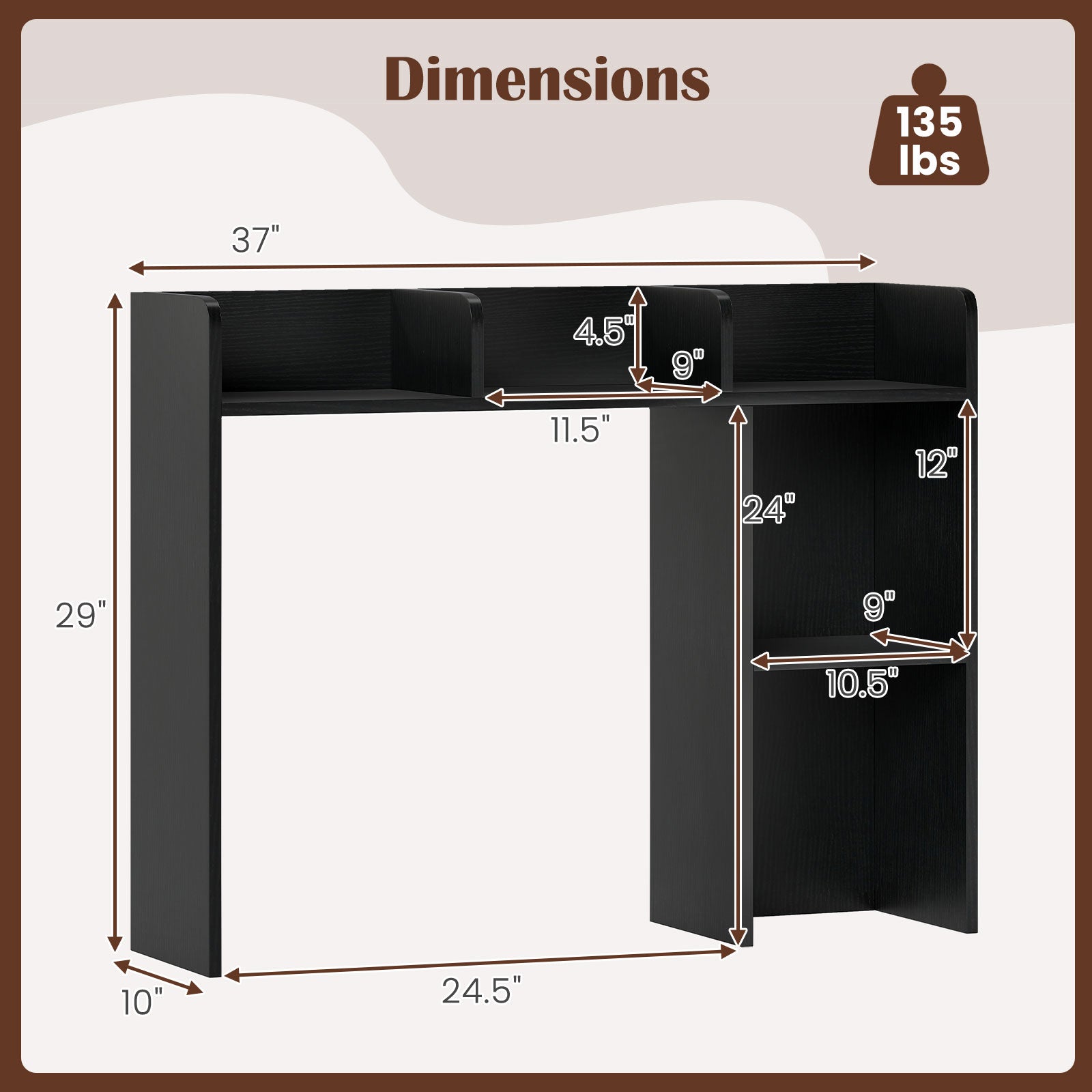 3-Tier Multipurpose Desk Bookshelf with 4 Shelves-Black
