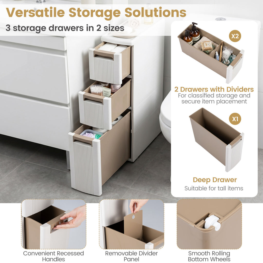 3-Tier Narrow Storage Cabinet  Slim Rolling Cart with 3 Drawers and 2 Removable Dividers-S