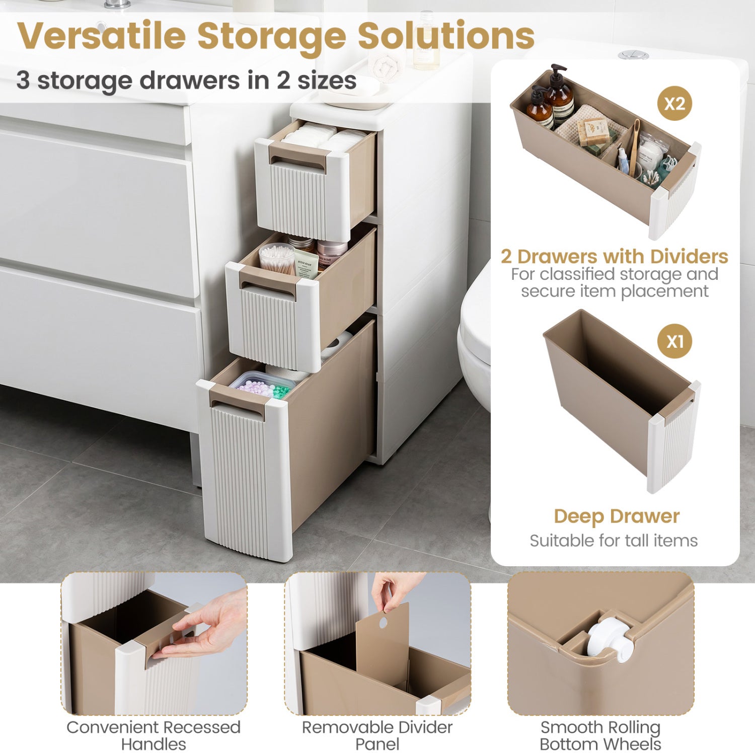3-Tier Narrow Storage Cabinet  Slim Rolling Cart with 3 Drawers and 2 Removable Dividers-S