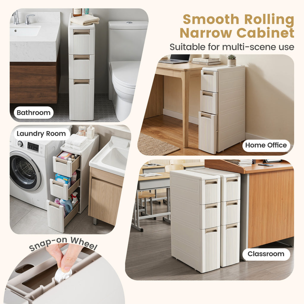 3-Tier Narrow Storage Cabinet  Slim Rolling Cart with 3 Drawers and 2 Removable Dividers-S