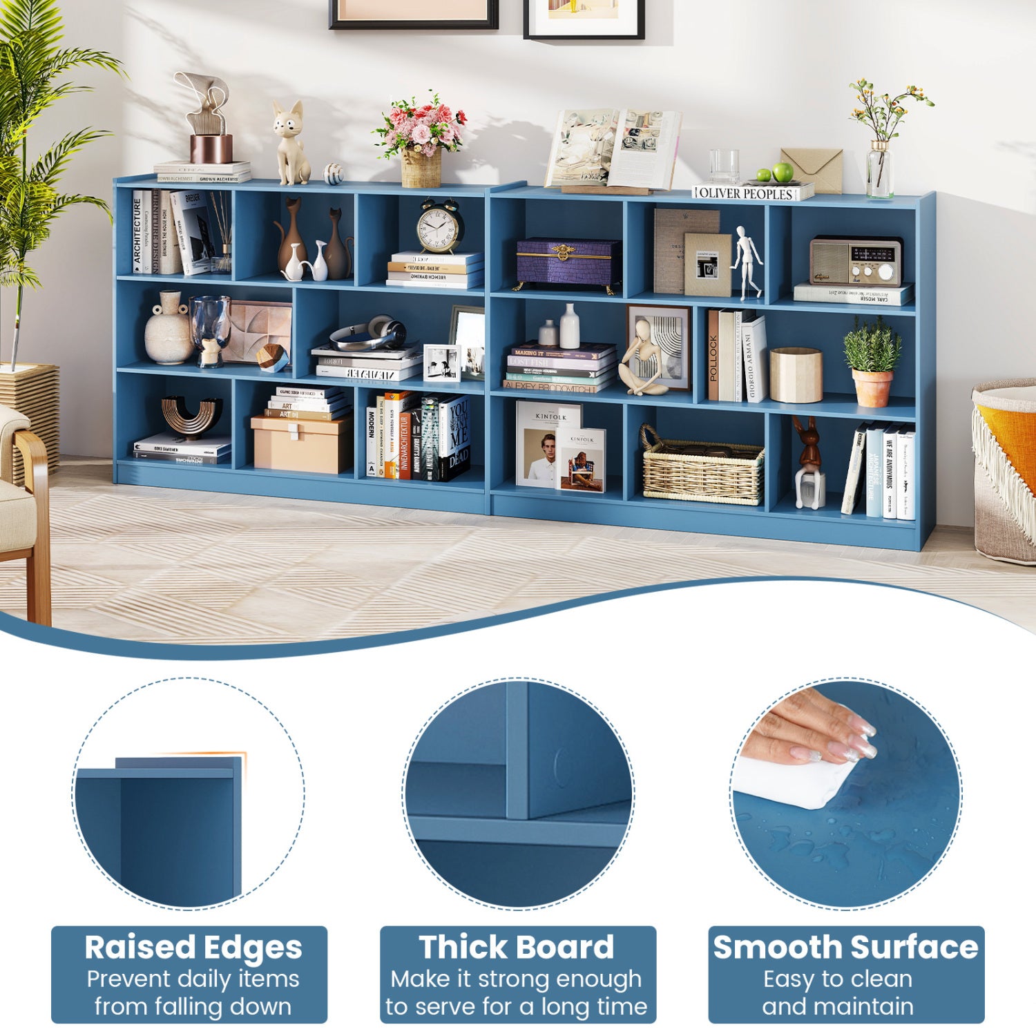 3-Tier Open Bookcase 8-Cube Floor Standing Storage Shelves-Blue